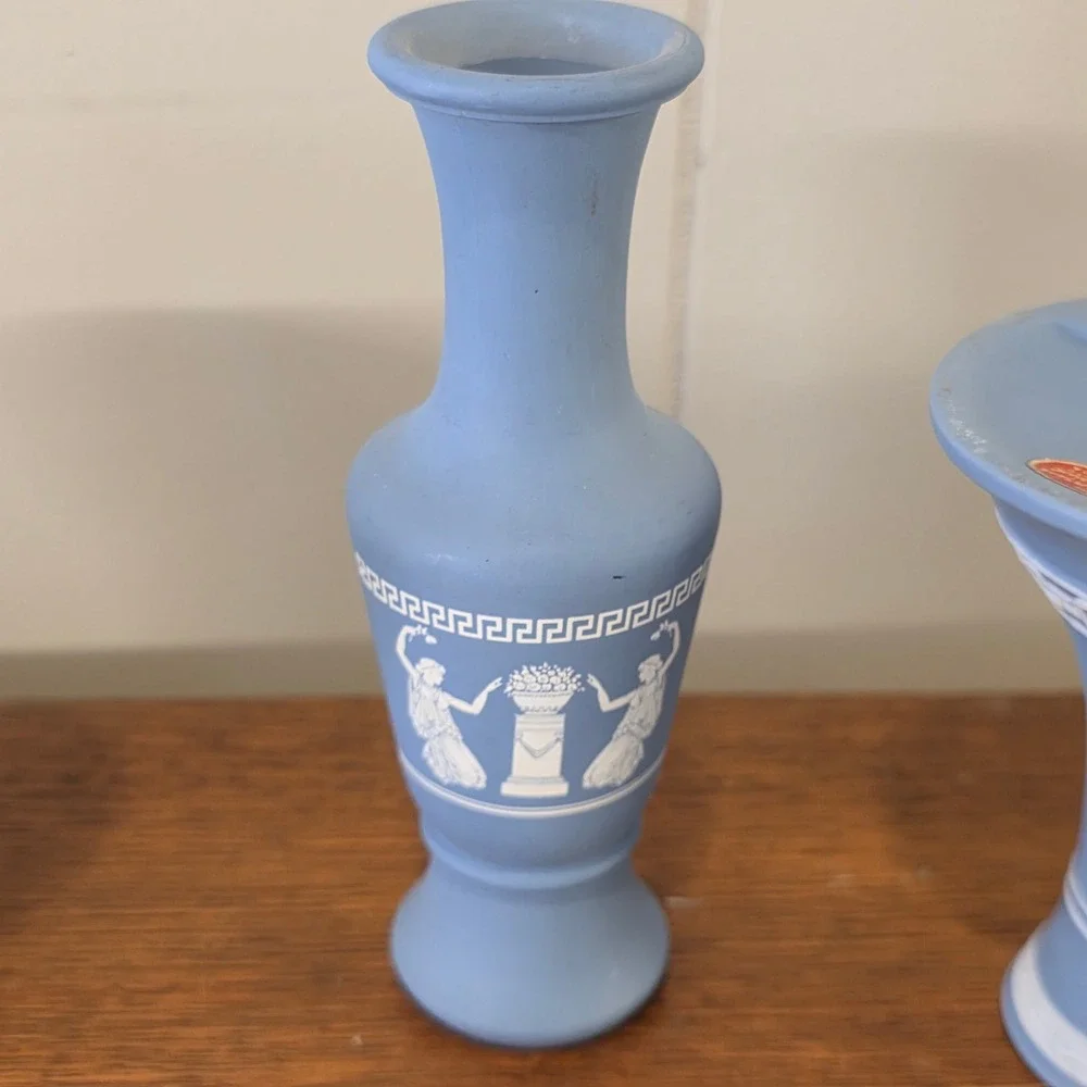 Enterprise Exclusive Blue Jasperware Style‎ Candle Holders & Avon Vase Set 3pc